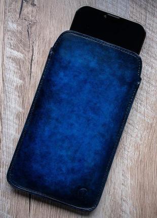 Чохол карман зі "живої" шкіри exclusive ручне фарбування | синій2 фото