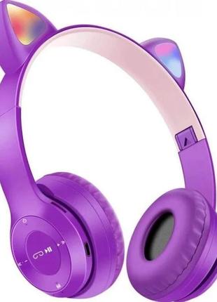 Беспроводные детские наушники с кошачьими ушками и rgb подсветкой cat ear p47m фиолетовые для телефона