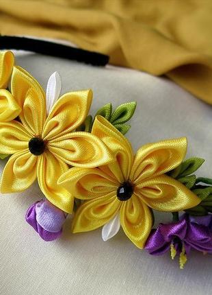 Канзаши ободок для волос с желтыми и фиолетовыми цветами. подарок девушке2 фото