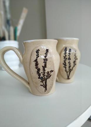 Глиняна чашка гончарна квітковий візерунок3 фото