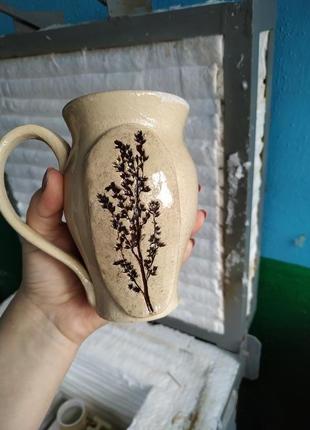 Глиняна чашка гончарна квітковий візерунок2 фото