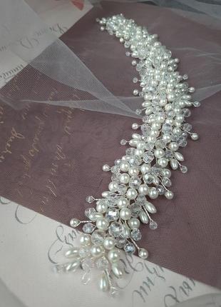 Густа перлинно-кришталева гілочка для весільної зачіски4 фото