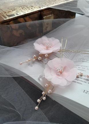 Весільні шпильки з квітами з шифону5 фото