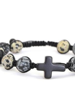 Чоловічий браслет з натуральних каменів, шамбала з хрестом