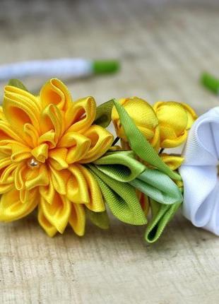 Біло-жовтий обідок для волосся з квітами ручної роботи, прикраса для волосся канзаші