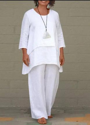 Летний льняной брючный костюм в расцветках рр 42-58