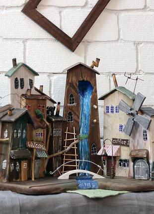 Wooden keyholder "city of dolls" old wood houses mill moss hd-37