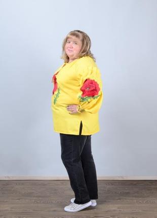 Вишиванка жіноча з довгим рукавом - реглан, вишивка - маки, онікс, колір - жовтий.5 фото