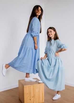 Льняное платье со скошенной стойкой, голубой цвет2 фото