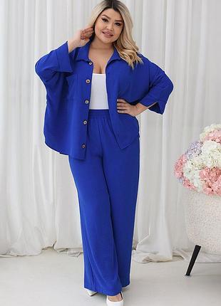 Стильный яркий легкий костюм двойка из жатки штаны палаццо + рубашка