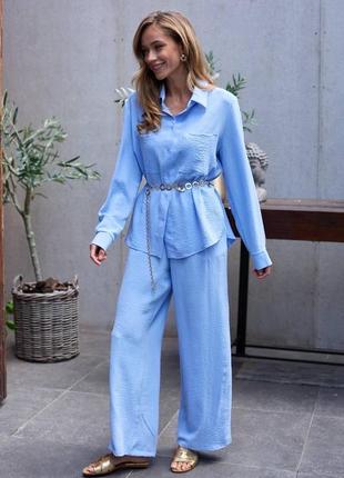 Нежный качественный женский костюм оверсайз креповый комплект рубашка и широкие брюки свободного кроя стильный