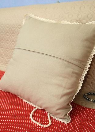 Подушка декоративная бежевая с вышивкой кантри натуральный лён для дома подарок5 фото