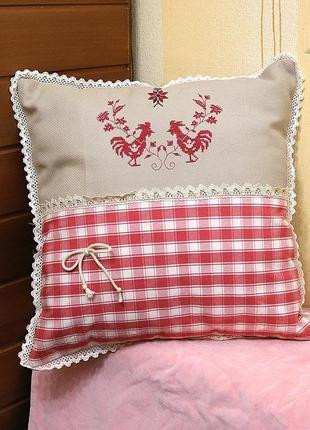 Подушка декоративная бежевая с вышивкой кантри натуральный лён для дома подарок2 фото