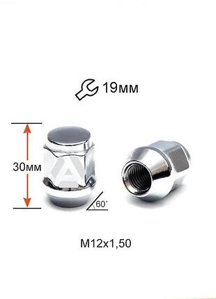 Гайка колесная a401345 m12х1,5х30мм конус (mazda, kia, hyundai, daihatsu) закрытая хром ключ 19