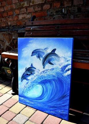 Полёт дельфинов в океане. картина маслом, холст 50х603 фото
