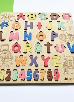 Цветная деревянная азбука вкладыш "тракторы", деревянный алфавит (украинский, русский, английский)8 фото