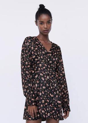 Женское вечернее короткое платье зара, черное цветочное атласное платье,  міні сукня