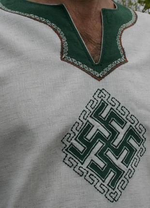 Рубашка льняная мужская с обережным символом перунов цвет4 фото