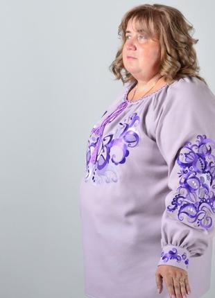 Вишиванка жіноча з довгим рукавом - реглан, вишивка - квітковий візерунок, онікс, колір - фіолетовий4 фото