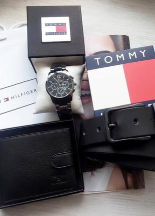 Мужской подарочный набор Tommy hilfiger часы, кожаный ремень и кошелек black