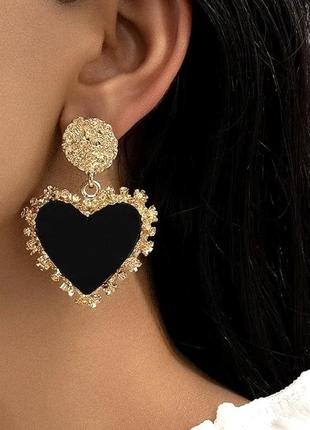 Серьги черные сердечки, винтажные серьги в форме сердец, сережки сердечки