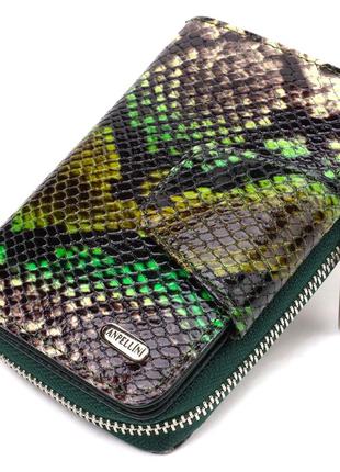 Женское фактурное вертикальное портмоне с монетницей на молнии из натуральной кожи с тиснением под змею