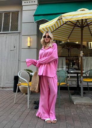Льняной костюм в стиле zara рубашка с длинными рукавами + штаны свободного кроя с рюшами