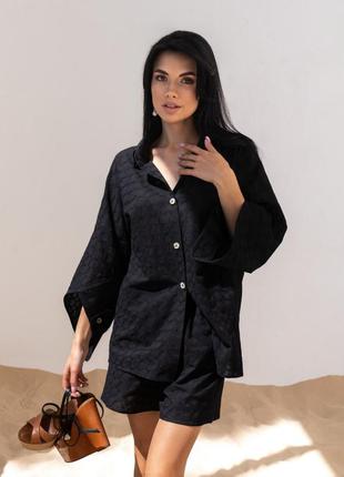 Костюм - двойка женский летний, из прошвы, с шортами, рубашка, шорты, без пояса, однотонный, черный