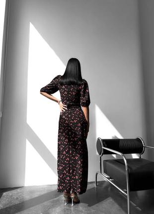Платье миди с разрезом софт принт рукава фонарики8 фото