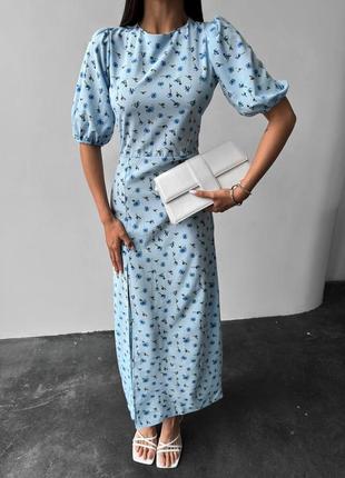Платье миди с разрезом софт принт рукава фонарики2 фото