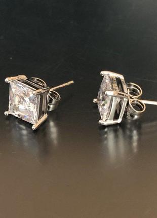 Сережки пумери xuping родій із білими каменями оправа квадрат 8 мм+-