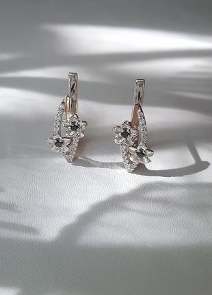 🛍 серьги серебро с золотом цирконий белый чёрный цветок цветочек  два цветка