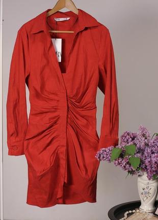 Красное драпированное льняное платье zara2 фото