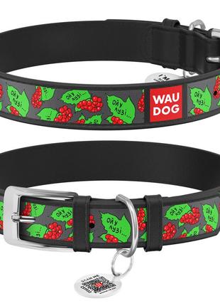 Нашийник для собак шкіряний waudog design з qr паспортом, малюнок "калина", xs, ш 12 мм, дов 20-28 см, чорний