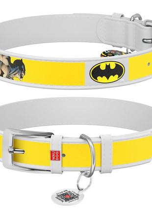 Нашийник для собак шкіряний waudog design з qr паспортом, малюнок "бетмен2", xs, ш 12 мм, дов 20-28 см білий