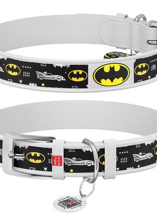 Нашийник для собак шкіряний waudog design з qr паспортом, малюнок "бетмен3", xxs, ш 12 мм, дов 18-24 см білий