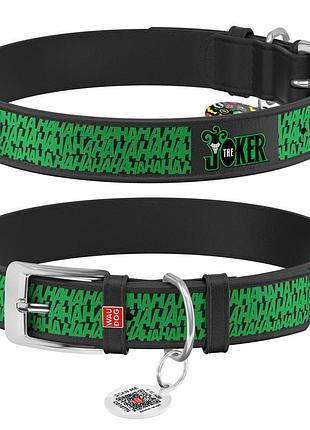 Нашийник для собак шкіряний waudog design з qr паспортом, малюнок "джокер", xxs, ш 12 мм, дов 18-24 см чорний