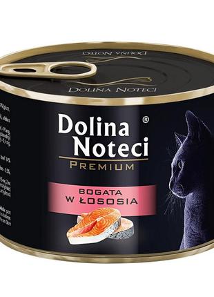 Корм конс.dolina noteci premium для котів, м'ясні шматочки в соусі з лососем, 185г