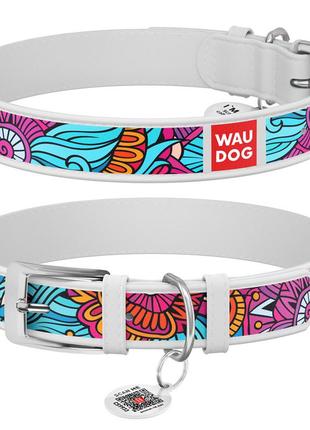 Нашийник для собак шкіряний waudog design з qr паспортом, малюнок "літо", xxs, ш 12 мм, дов 18-24 см, білий