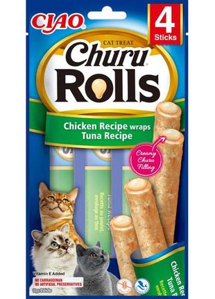 Ласощі inaba "churu rolls" для котів, курка/тунець 4*10 гр (12 шт.уп.) (48 шт.)
