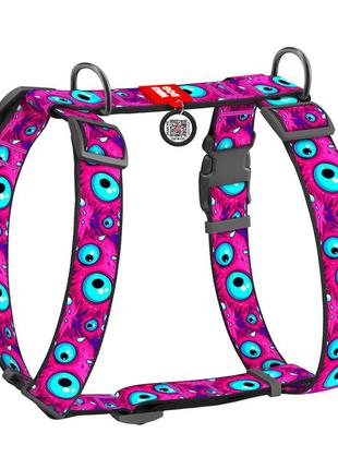 Шлея для собак анатомічна h-подібна waudog nylon з qr-паспортом, малюнок "око монстра", пластиковий фастекс,
