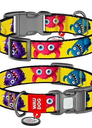 Нашийник для собак нейлоновий waudog nylon з qr паспортом, малюнок "мохнаті монстри", пластиковий фастекс, xl,