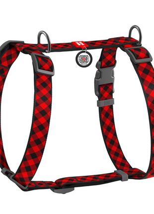 Шлея для собак анатомічна h-подібна waudog nylon з qr-паспортом, малюнок "шотландка червона", пластиковий