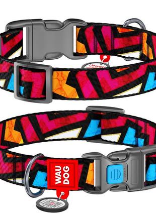 Нашийник для собак нейлоновий waudog nylon з qr паспортом, малюнок "графіті", пластиковий фастекс, ш 20 мм,