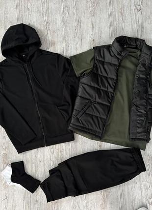 Комплект 5 в 1 чорна кофта на змійці + чорні штані + чорна жилетка + хакі футболка + 2 пари шкарпеток (чорні