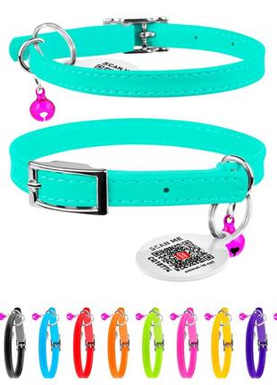 Нашийник для котів шкіряний waudog glamour з qr паспортом, без прикрас, xxs, ш 9 мм, дов 22-30 см ментоловий