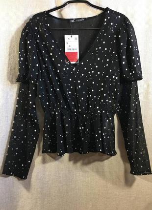 Нова шифонова чорна блуза в сріблястий горошок
