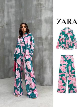 Женский брючный костюм из шелка, в стиле zara, рубашка, широкие брюки палаццо, с цветочным принтом, прямого кроя, комплект1 фото