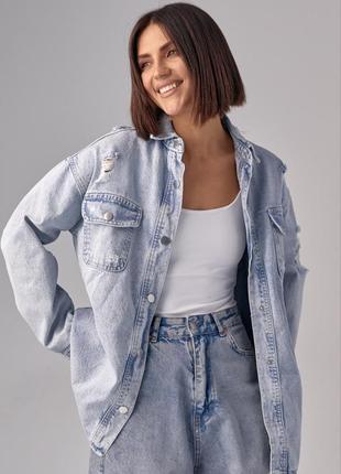 Жіноча джинсова сорочка з рваним декором/ джинсівка6 фото