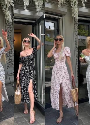 Сукня міді з розрізом і зав’язкою на грудях короткий рукав на резинці штапель